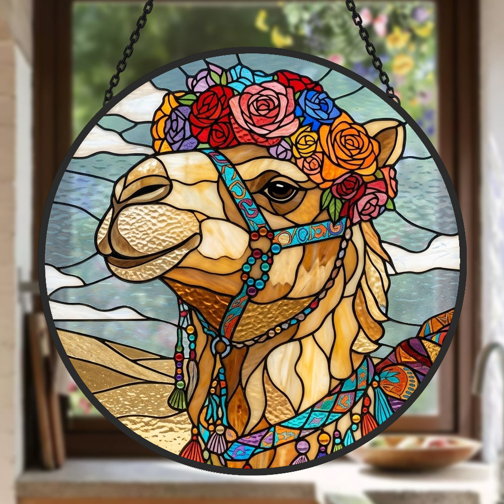 Floral crown camel stained glass suncatcher window hanging, suitable for home and garden decoration