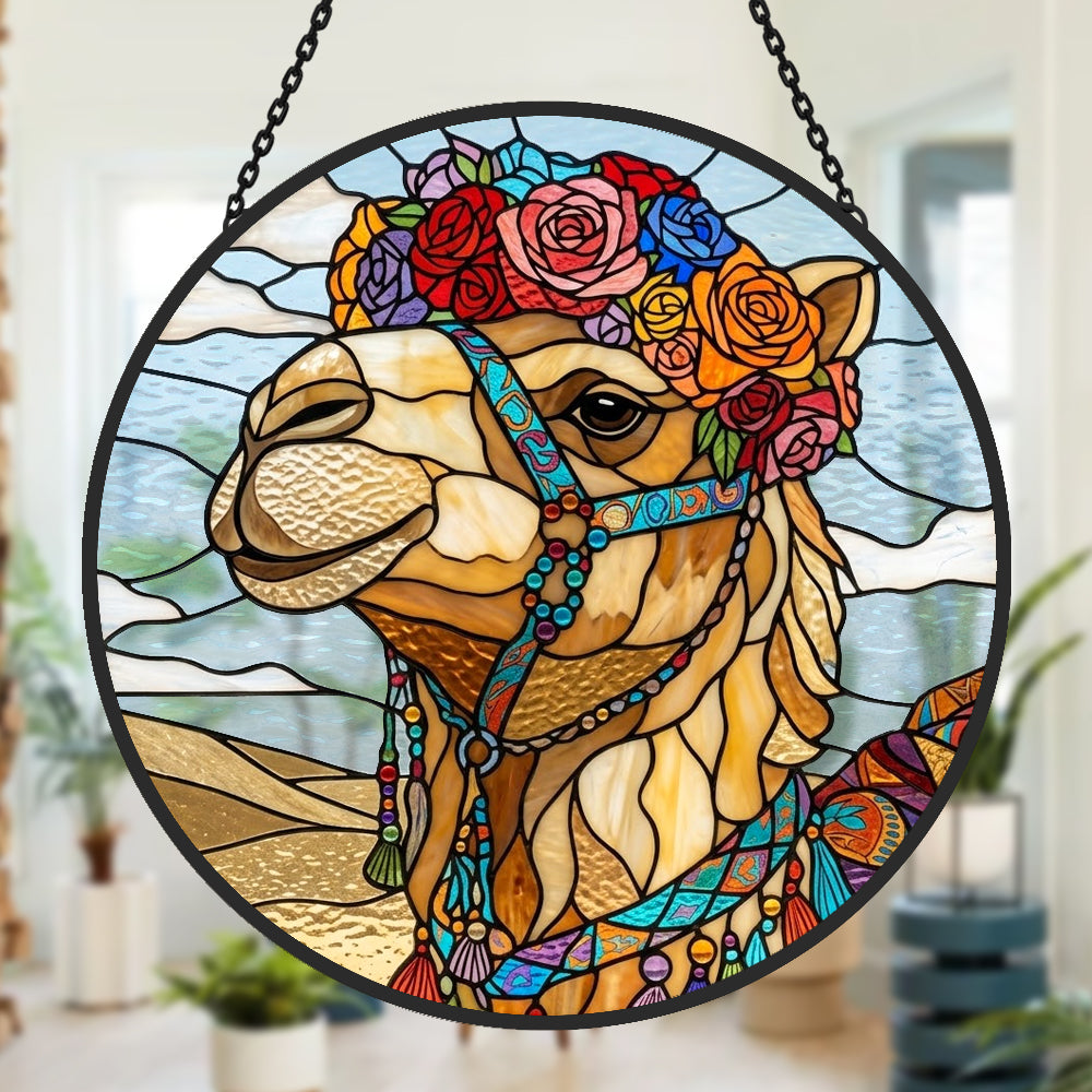 Floral crown camel stained glass suncatcher window hanging, suitable for home and garden decoration