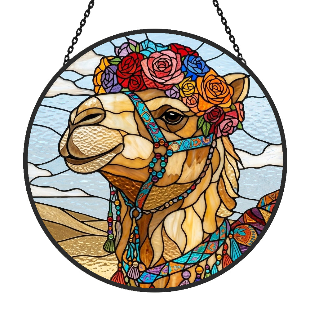 Floral crown camel stained glass suncatcher window hanging, suitable for home and garden decoration