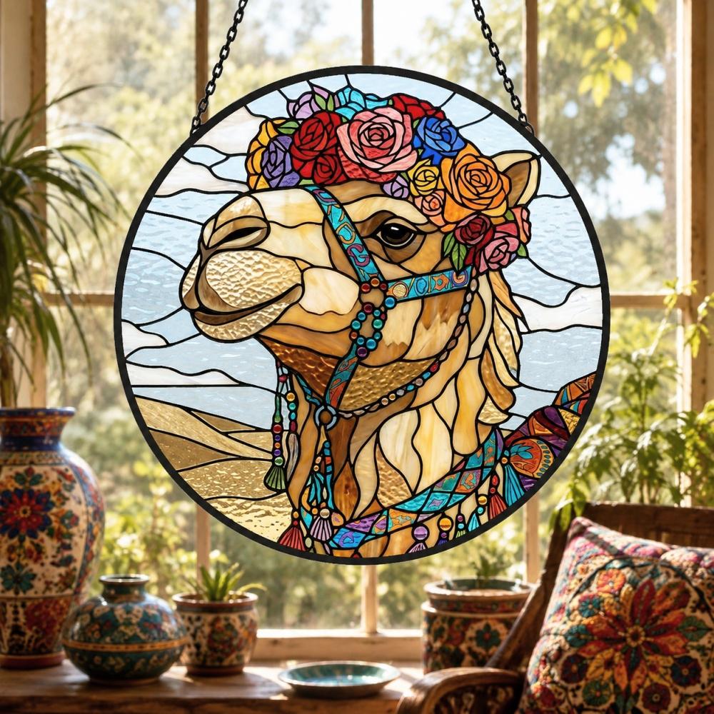 Floral crown camel stained glass suncatcher window hanging, suitable for home and garden decoration