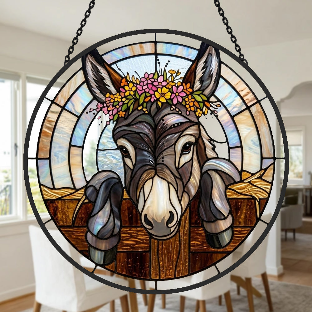 Floral crown peeking donkey stained glass suncatcher window hanging, suitable for home and garden decoration