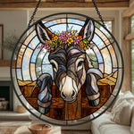 Floral crown peeking donkey stained glass suncatcher window hanging, suitable for home and garden decoration