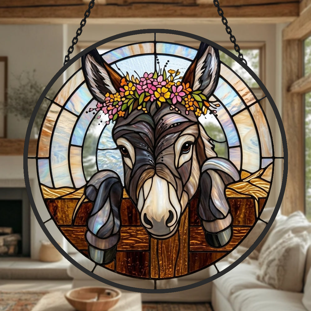Floral crown peeking donkey stained glass suncatcher window hanging, suitable for home and garden decoration