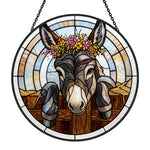 Floral crown peeking donkey stained glass suncatcher window hanging, suitable for home and garden decoration
