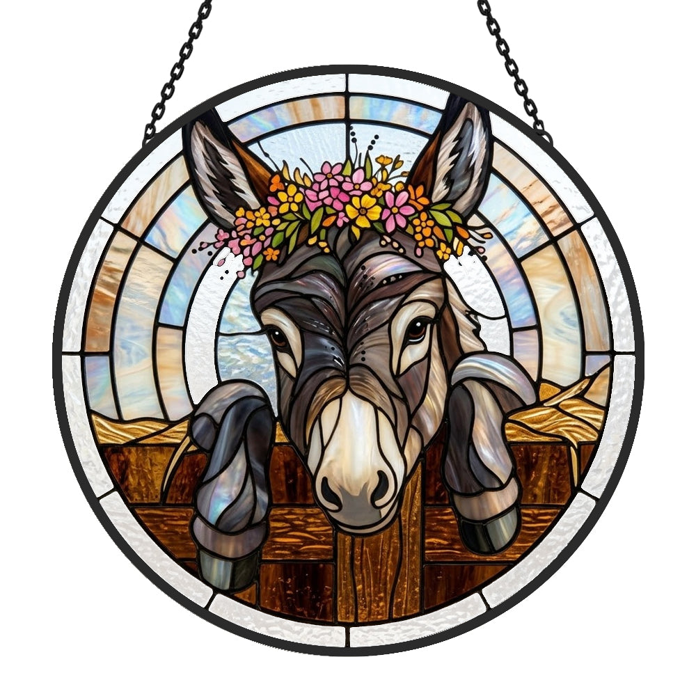 Floral crown peeking donkey stained glass suncatcher window hanging, suitable for home and garden decoration