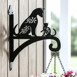 Floral cat metal hanging basket bracket mounted on outdoor wall for plant decoration