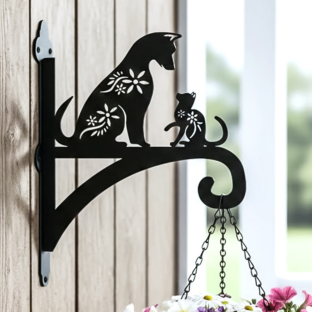 Floral cat metal hanging basket bracket mounted on outdoor wall for plant decoration