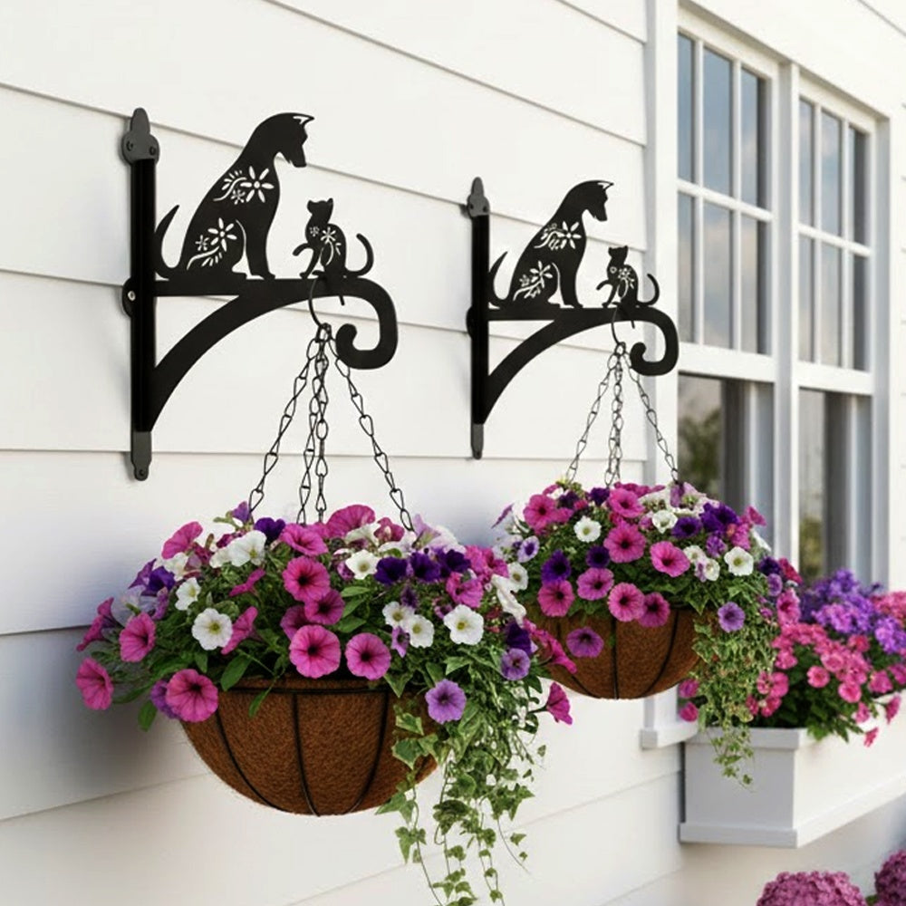 Floral cat metal hanging basket bracket mounted on outdoor wall for plant decoration
