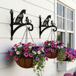 Floral cat metal hanging basket bracket mounted on outdoor wall for plant decoration