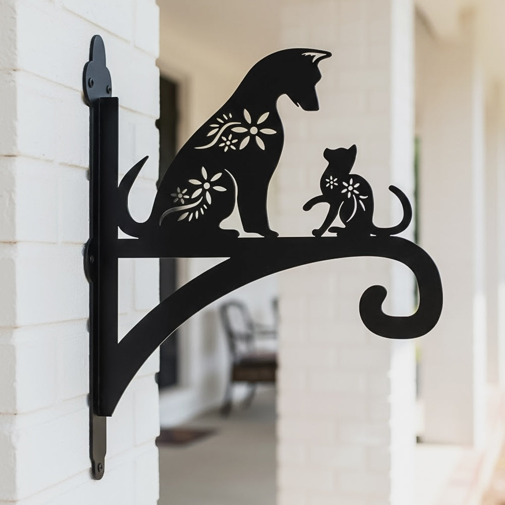 Floral cat metal hanging basket bracket mounted on outdoor wall for plant decoration