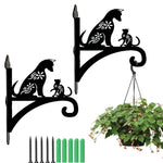 Floral cat metal hanging basket bracket mounted on outdoor wall for plant decoration