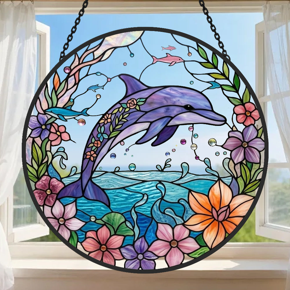 Floral dolphin stained glass suncatcher window hanging, suitable for home and garden decoration