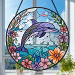 Floral dolphin stained glass suncatcher window hanging, suitable for home and garden decoration