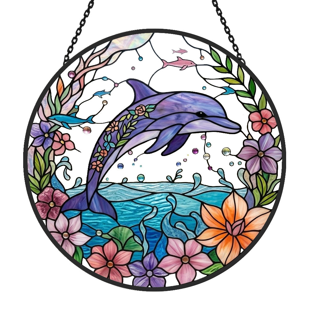 Floral dolphin stained glass suncatcher window hanging, suitable for home and garden decoration