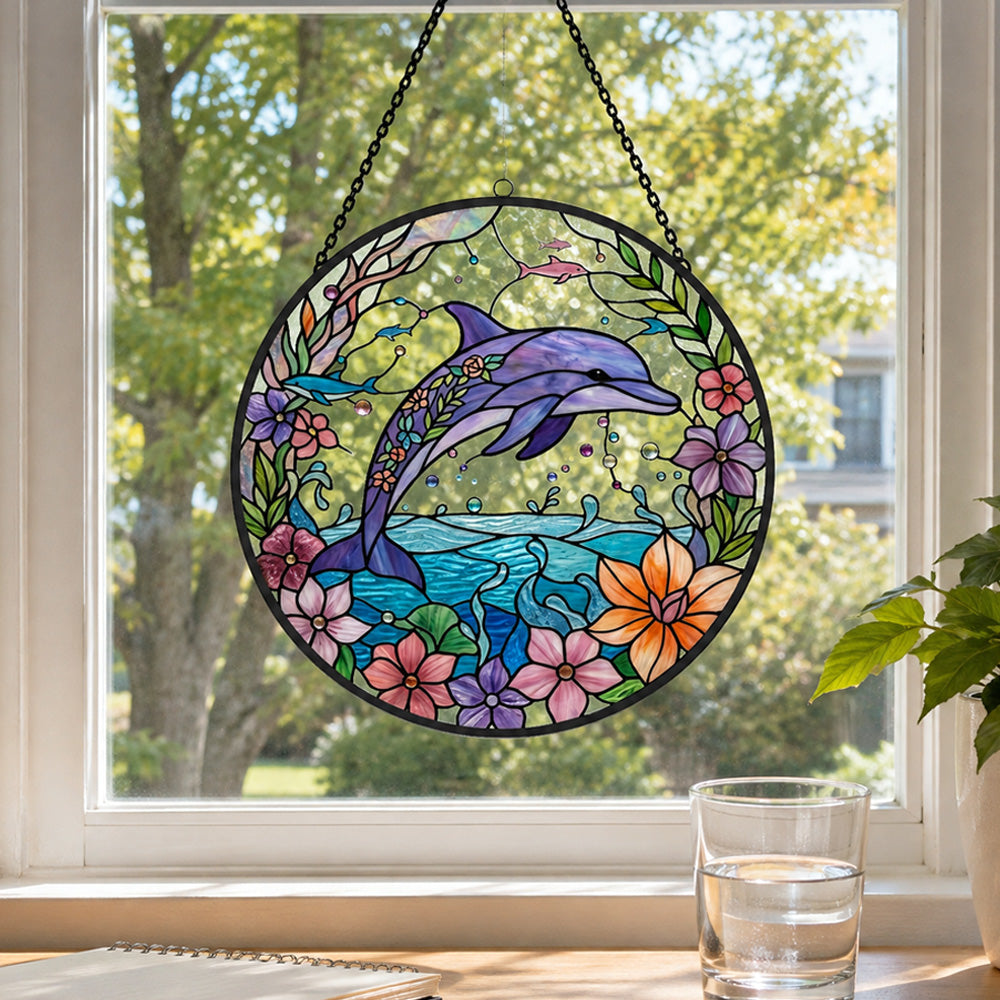 Floral dolphin stained glass suncatcher window hanging, suitable for home and garden decoration