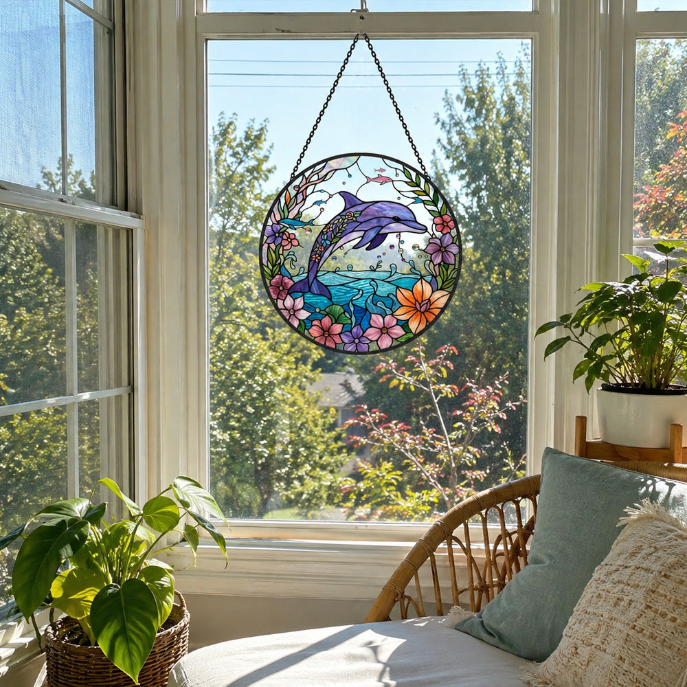 Floral dolphin stained glass suncatcher window hanging, suitable for home and garden decoration