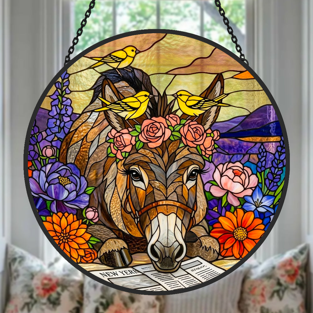 Floral donkey and yellow birds stained glass suncatcher window hanging, suitable for home and garden decoration