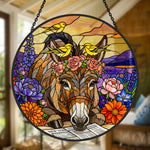 Floral donkey and yellow birds stained glass suncatcher window hanging, suitable for home and garden decoration
