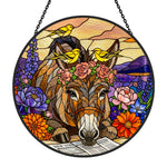 Floral donkey and yellow birds stained glass suncatcher window hanging, suitable for home and garden decoration