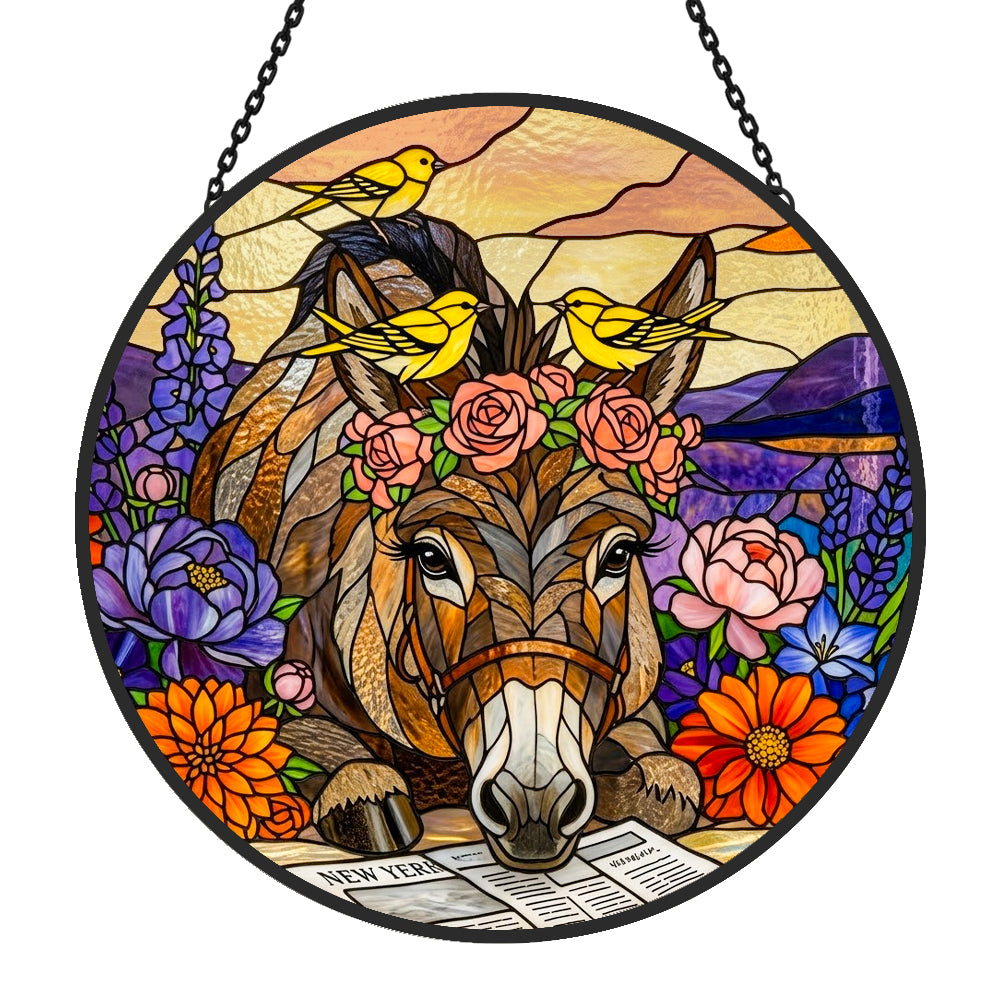 Floral donkey and yellow birds stained glass suncatcher window hanging, suitable for home and garden decoration