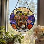 Floral donkey and yellow birds stained glass suncatcher window hanging, suitable for home and garden decoration
