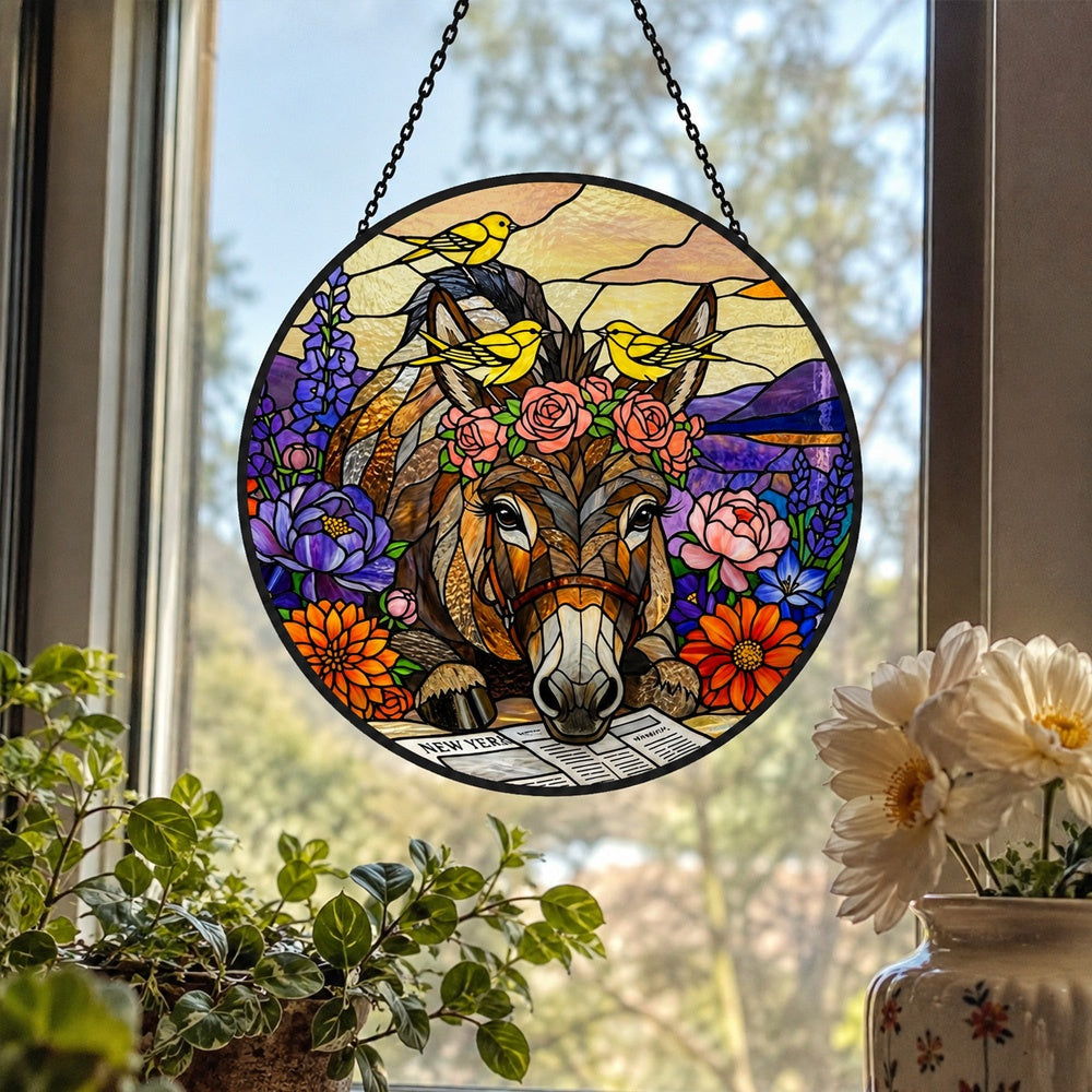 Floral donkey and yellow birds stained glass suncatcher window hanging, suitable for home and garden decoration