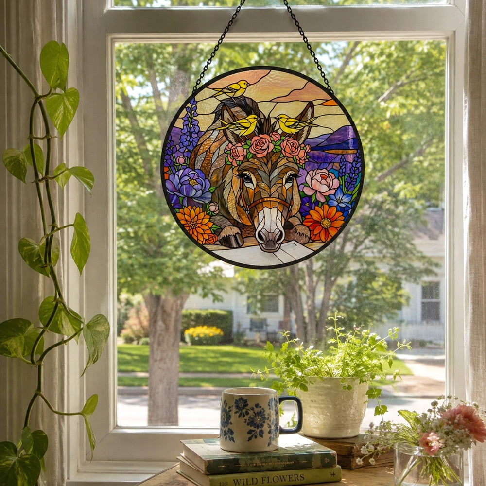 Floral donkey and yellow birds stained glass suncatcher window hanging, suitable for home and garden decoration