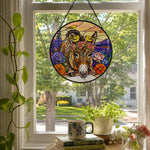 Floral donkey and yellow birds stained glass suncatcher window hanging, suitable for home and garden decoration