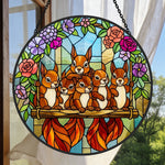 Floral garden squirrel family stained glass suncatcher window hanging, suitable for home and garden decoration
