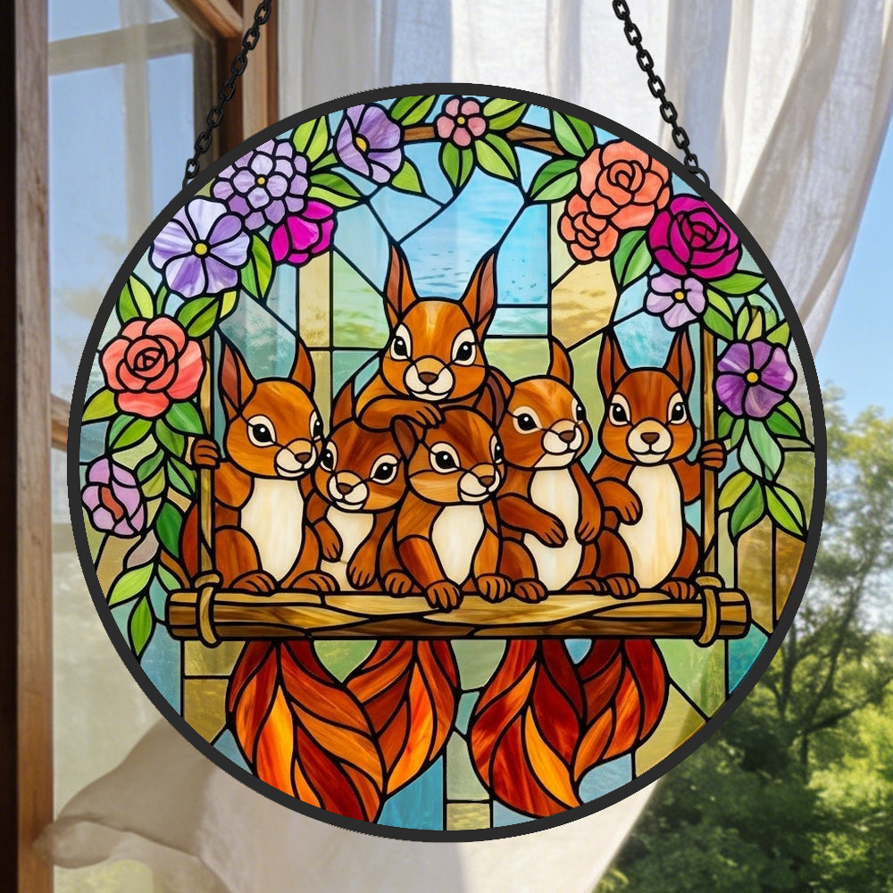 Floral garden squirrel family stained glass suncatcher window hanging, suitable for home and garden decoration
