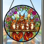 Floral garden squirrel family stained glass suncatcher window hanging, suitable for home and garden decoration