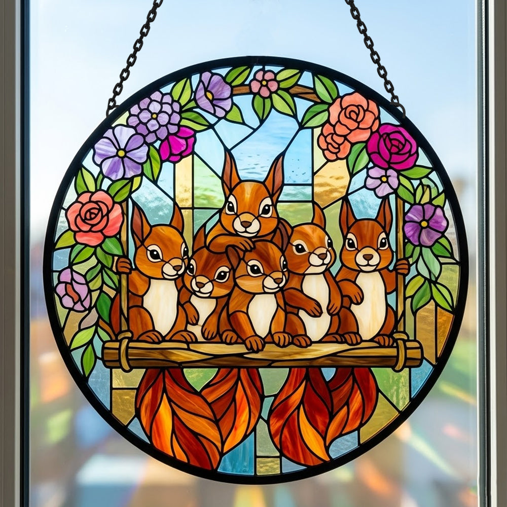 Floral garden squirrel family stained glass suncatcher window hanging, suitable for home and garden decoration