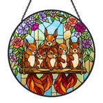 Floral garden squirrel family stained glass suncatcher window hanging, suitable for home and garden decoration