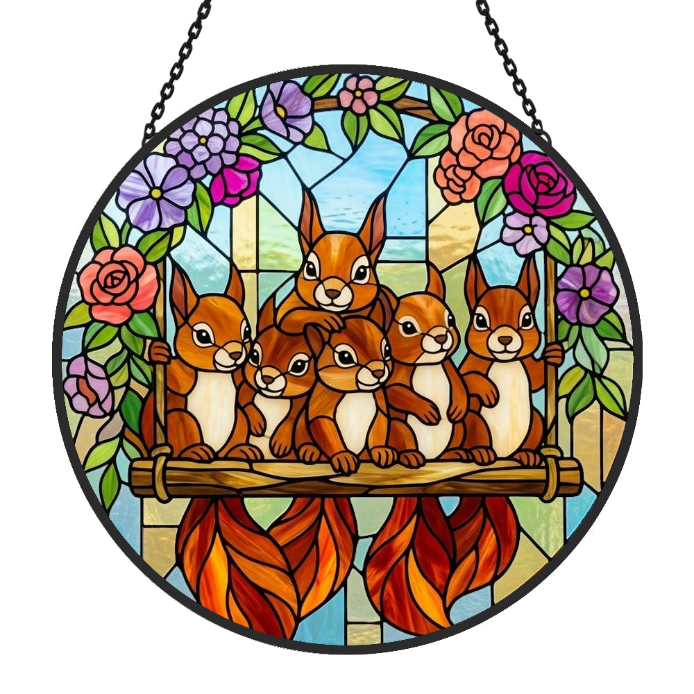 Floral garden squirrel family stained glass suncatcher window hanging, suitable for home and garden decoration