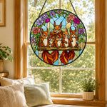 Floral garden squirrel family stained glass suncatcher window hanging, suitable for home and garden decoration