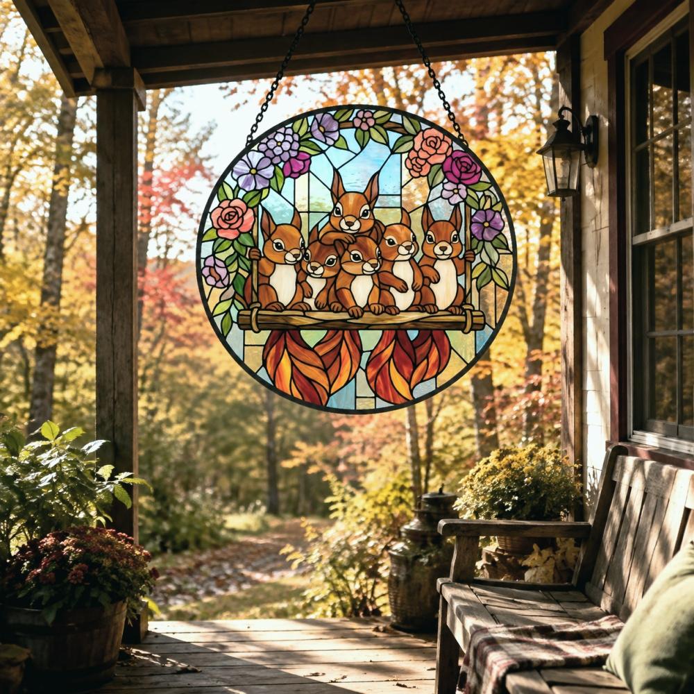 Floral garden squirrel family stained glass suncatcher window hanging, suitable for home and garden decoration