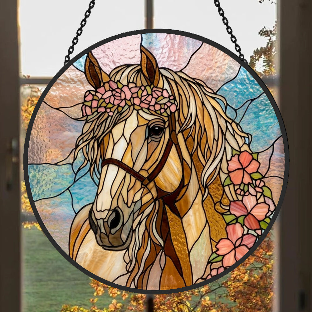 Floral golden horse stained glass suncatcher window hanging, suitable for home and garden decoration