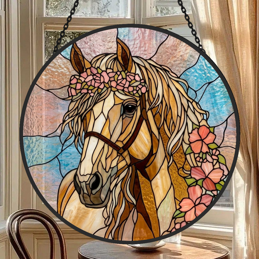 Floral golden horse stained glass suncatcher window hanging, suitable for home and garden decoration