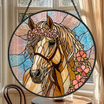 Floral golden horse stained glass suncatcher window hanging, suitable for home and garden decoration