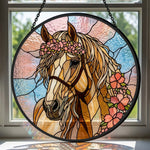 Floral golden horse stained glass suncatcher window hanging, suitable for home and garden decoration