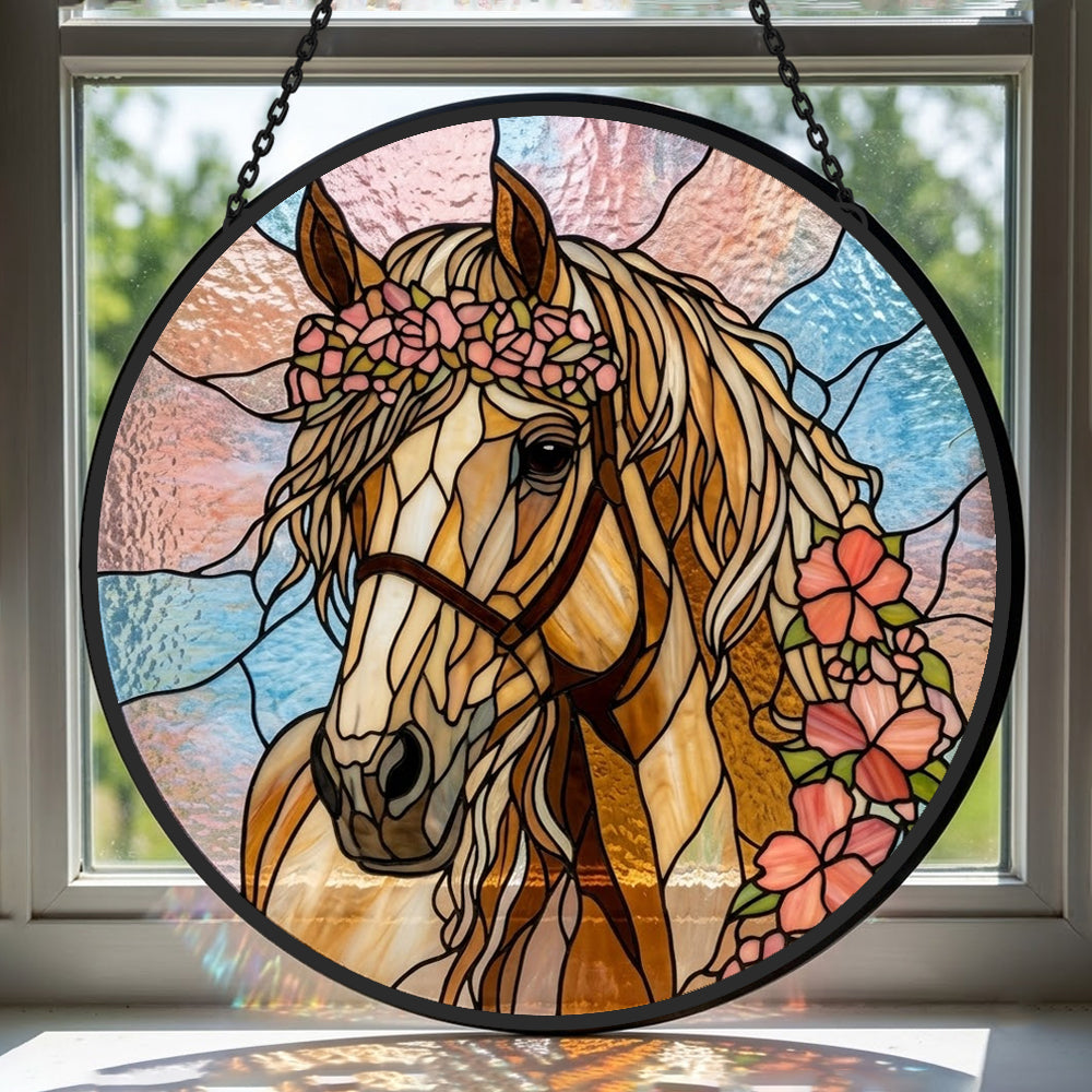 Floral golden horse stained glass suncatcher window hanging, suitable for home and garden decoration