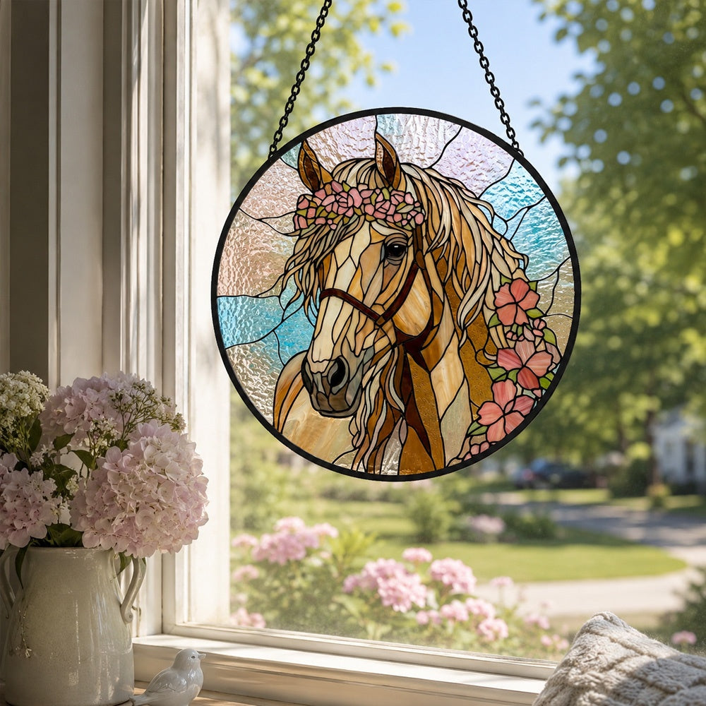 Floral golden horse stained glass suncatcher window hanging, suitable for home and garden decoration