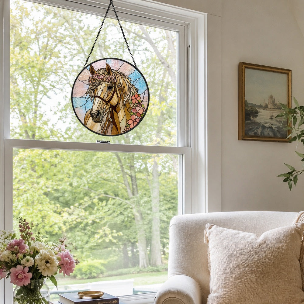 Floral golden horse stained glass suncatcher window hanging, suitable for home and garden decoration