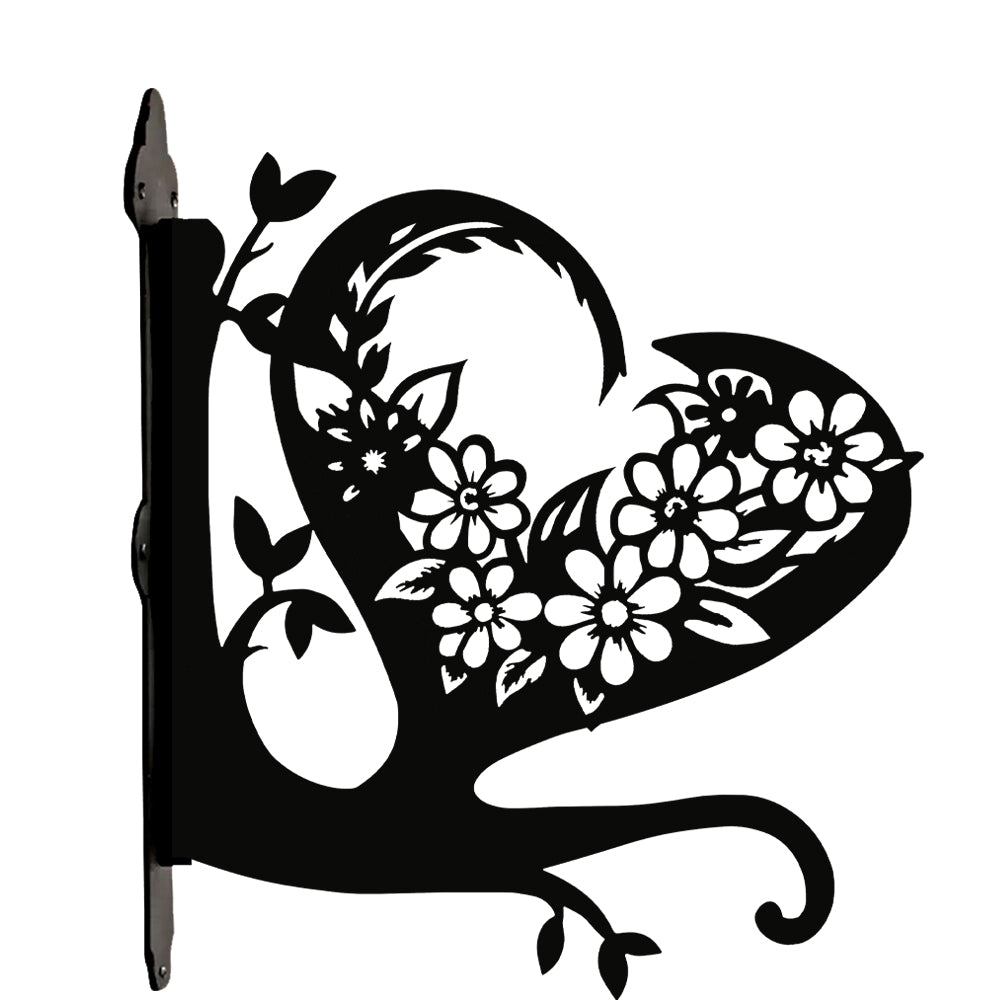 Floral heart metal hanging basket bracket mounted on outdoor wall for plant decoration