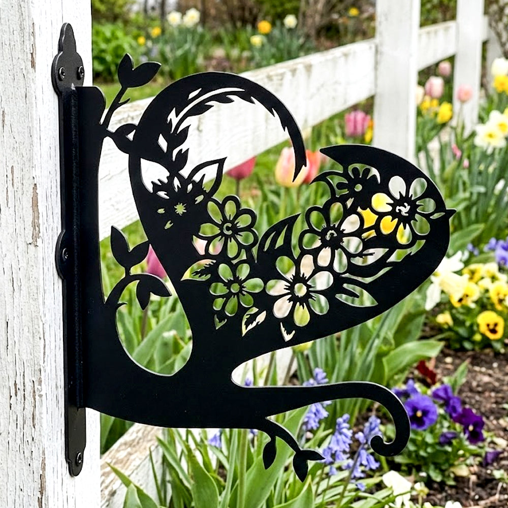 Floral heart metal hanging basket bracket mounted on outdoor wall for plant decoration