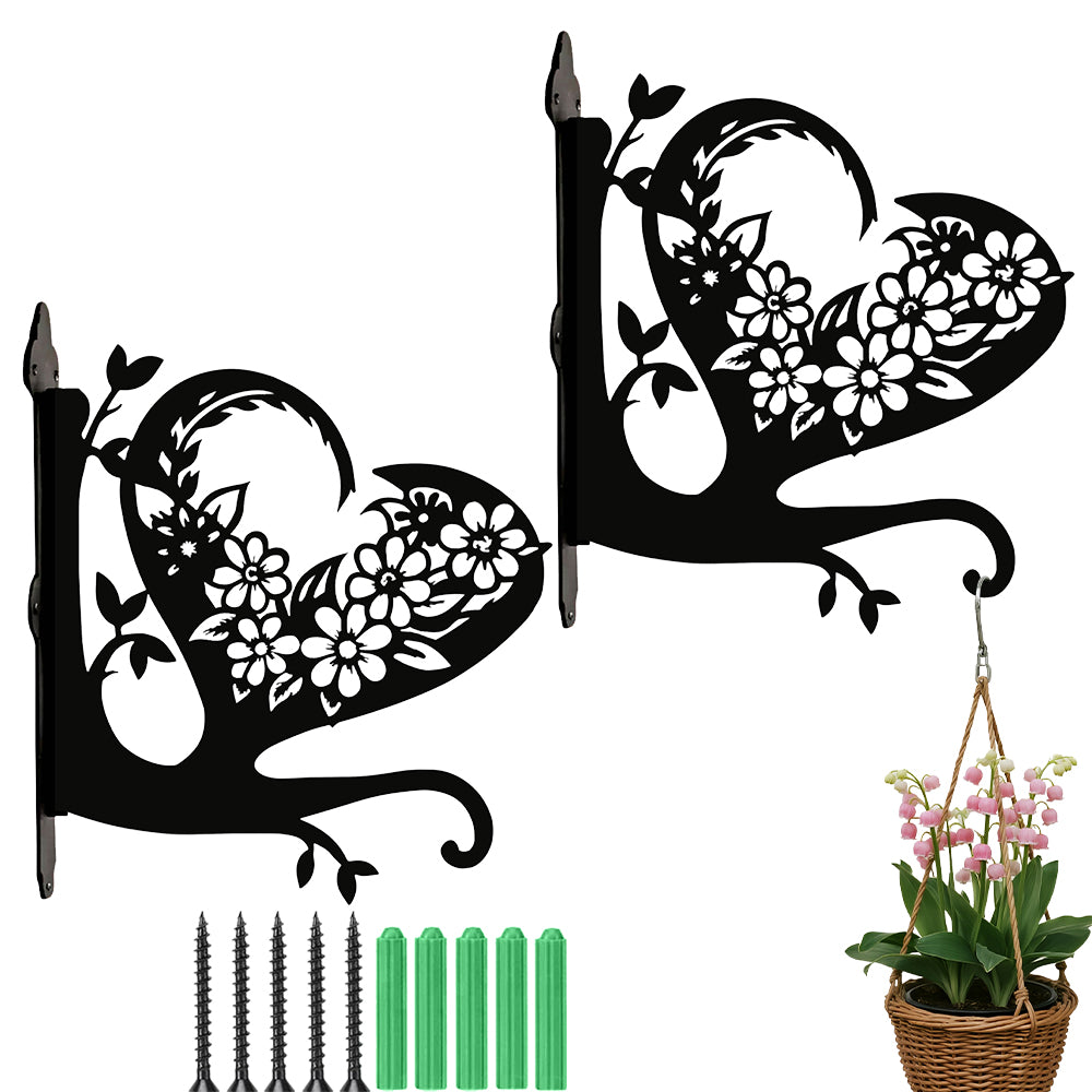 Floral heart metal hanging basket bracket mounted on outdoor wall for plant decoration