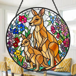 Floral kangaroo family stained glass suncatcher window hanging, suitable for home and garden decoration