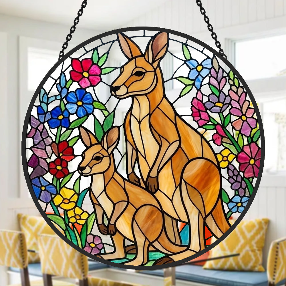 Floral kangaroo family stained glass suncatcher window hanging, suitable for home and garden decoration