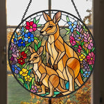 Floral kangaroo family stained glass suncatcher window hanging, suitable for home and garden decoration