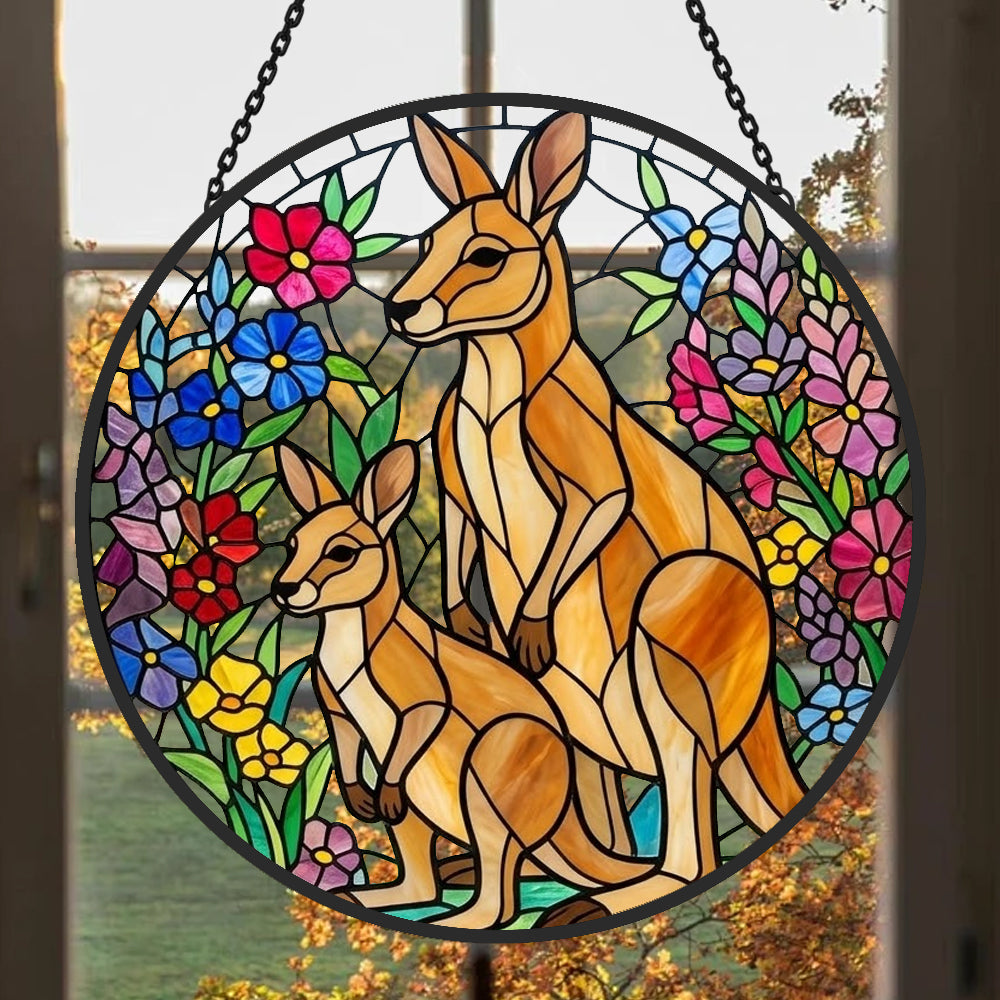 Floral kangaroo family stained glass suncatcher window hanging, suitable for home and garden decoration